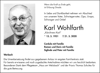 Traueranzeige von Karl Wohlfarth von Fränkische Nachrichten