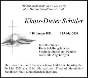 Traueranzeige von Klatts-Dieter Schüler von Mannheimer Morgen