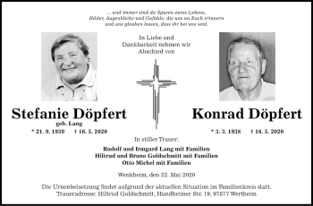 Traueranzeige von Konrad Döpfert von Fränkische Nachrichten