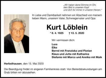 Traueranzeige von Kurt Löblein von Fränkische Nachrichten