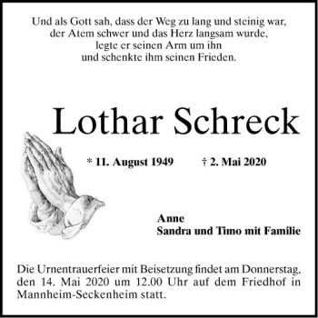 Traueranzeige von Lothar Schreck von Mannheimer Morgen