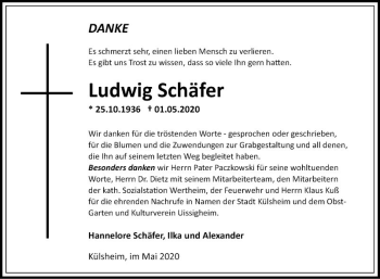 Traueranzeige von Ludwig Schäfer von Fränkische Nachrichten