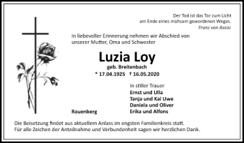 Traueranzeige von Luzia Loy von Fränkische Nachrichten