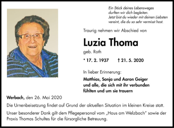 Traueranzeige von Luzia Thoma von Fränkische Nachrichten