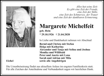 Traueranzeige von Margarete Michelfeit von Fränkische Nachrichten