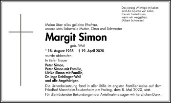 Traueranzeige von Margit Simon von Mannheimer Morgen