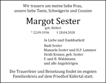 Traueranzeige von Margot Sester von Mannheimer Morgen