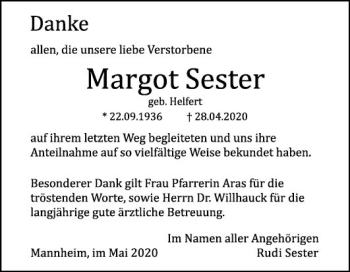 Traueranzeige von Margot Sester von Mannheimer Morgen