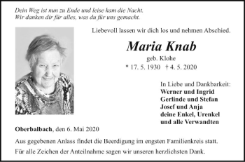 Traueranzeige von Maria Knab von Fränkische Nachrichten