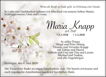 Traueranzeige von Maria Knapp von Fränkische Nachrichten