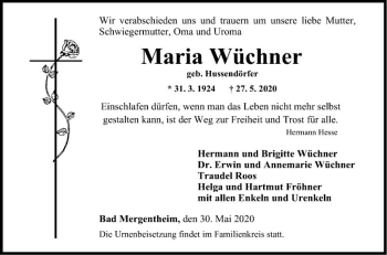 Traueranzeige von Maria Wüchner von Fränkische Nachrichten