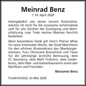 Traueranzeige von Meinrad Benz von Mannheimer Morgen