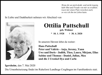 Traueranzeige von Ottilia Pattschull von Fränkische Nachrichten