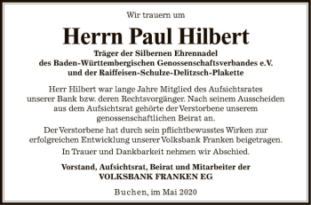 Traueranzeige von Paul Hilbert von Fränkische Nachrichten