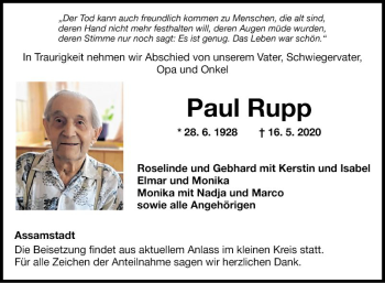 Traueranzeige von Paul Rupp von Fränkische Nachrichten