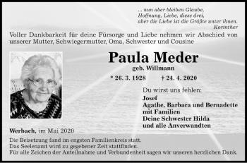 Traueranzeige von Paula Meder von Fränkische Nachrichten