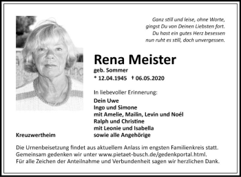 Traueranzeige von Rena Meister von Fränkische Nachrichten