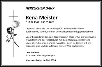 Traueranzeige von Rena Meister von Fränkische Nachrichten