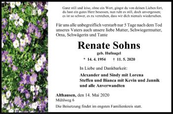 Traueranzeige von Renate Sohns von Fränkische Nachrichten