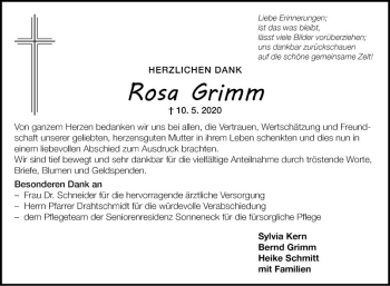 Traueranzeige von Rosa Grimm von Fränkische Nachrichten