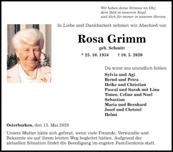 Traueranzeige von Rosa Grimm von Fränkische Nachrichten