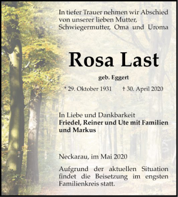 Traueranzeige von Rosa Last von Mannheimer Morgen