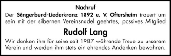 Traueranzeige von Rudolf Lang von Schwetzinger Zeitung