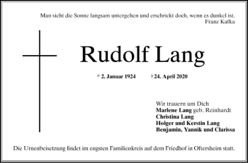 Traueranzeige von Rudolf Lang von Schwetzinger Zeitung