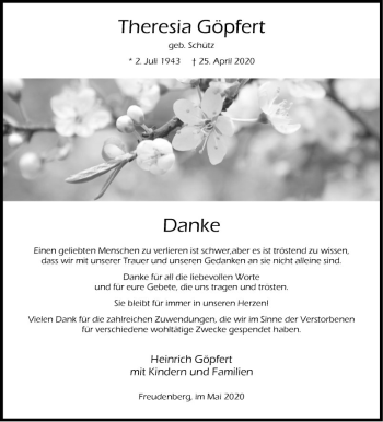 Traueranzeige von Theresia Göpfert von Fränkische Nachrichten