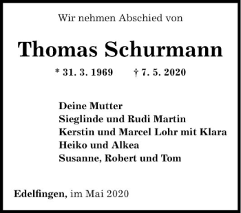 Traueranzeige von Thomas Schurmann von Fränkische Nachrichten