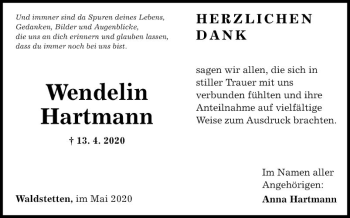 Traueranzeige von Wendelin Hartmann von Fränkische Nachrichten