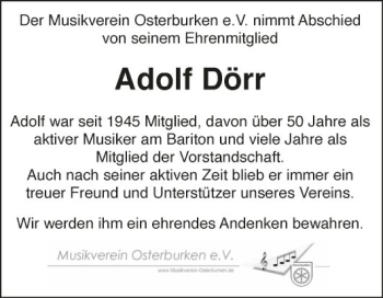 Traueranzeige von Adolf Dörr von Fränkische Nachrichten