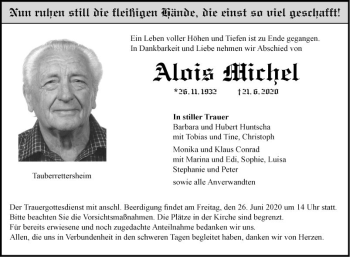 Traueranzeige von Alois Michel von Fränkische Nachrichten