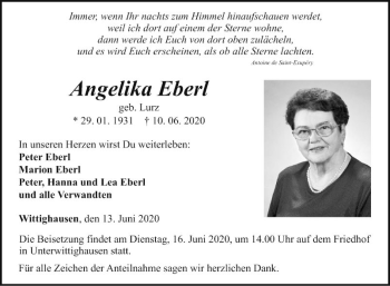 Traueranzeige von Angelika Eber von Fränkische Nachrichten