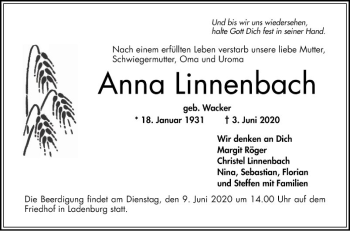 Traueranzeige von Anna Linnenbach von Mannheimer Morgen