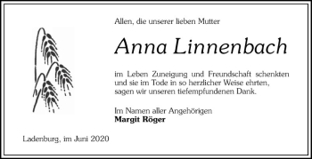 Traueranzeige von Anna Linnenbach von Mannheimer Morgen