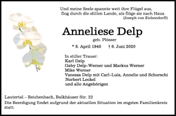 Traueranzeige von Anneliese Delp von Bergsträßer Anzeiger