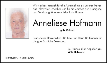 Traueranzeige von Anneliese Hofmann von Bergsträßer Anzeiger