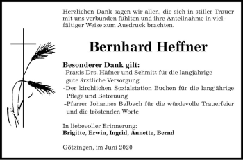 Traueranzeige von Bernhard Heffner von Fränkische Nachrichten