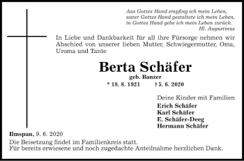 Traueranzeige von Berta Schäfer von Fränkische Nachrichten