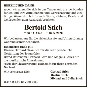 Traueranzeige von Bertold Stich von Fränkische Nachrichten