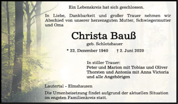 Traueranzeige von Christa Bauß von Bergsträßer Anzeiger