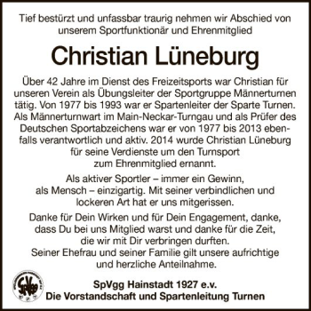 Traueranzeige von Christian Lüneburg von Fränkische Nachrichten