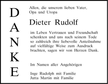 Traueranzeige von Dieter Rudolf von Mannheimer Morgen