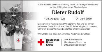 Traueranzeige von Dieter Rudolf von Mannheimer Morgen