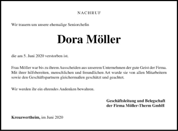 Traueranzeige von Dora Möller von Fränkische Nachrichten