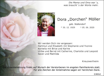 Traueranzeige von Dora Möller von Fränkische Nachrichten