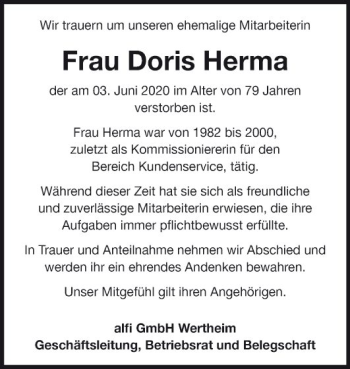 Traueranzeige von Doris Herma von Fränkische Nachrichten