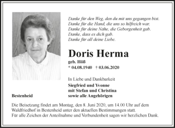 Traueranzeige von Doris Herma von Fränkische Nachrichten