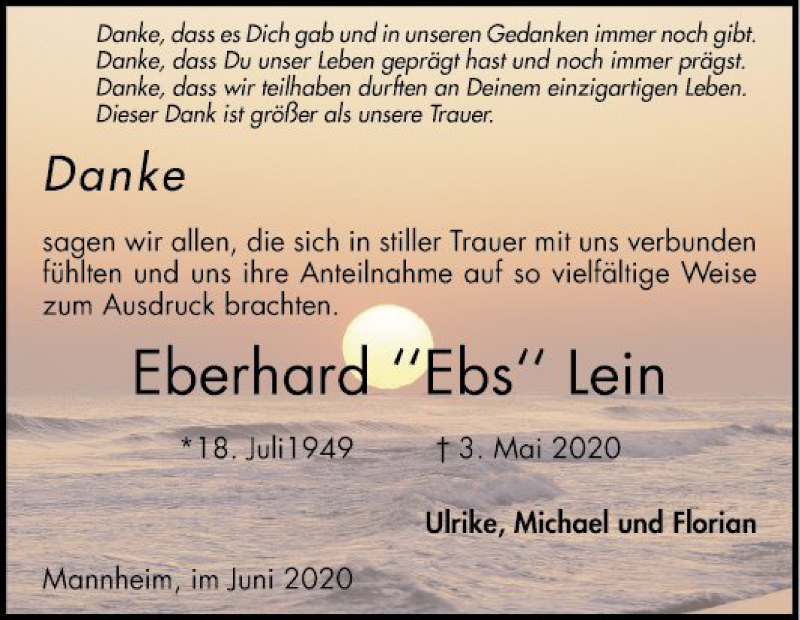  Traueranzeige für Eberhard Lein vom 06.06.2020 aus Mannheimer Morgen